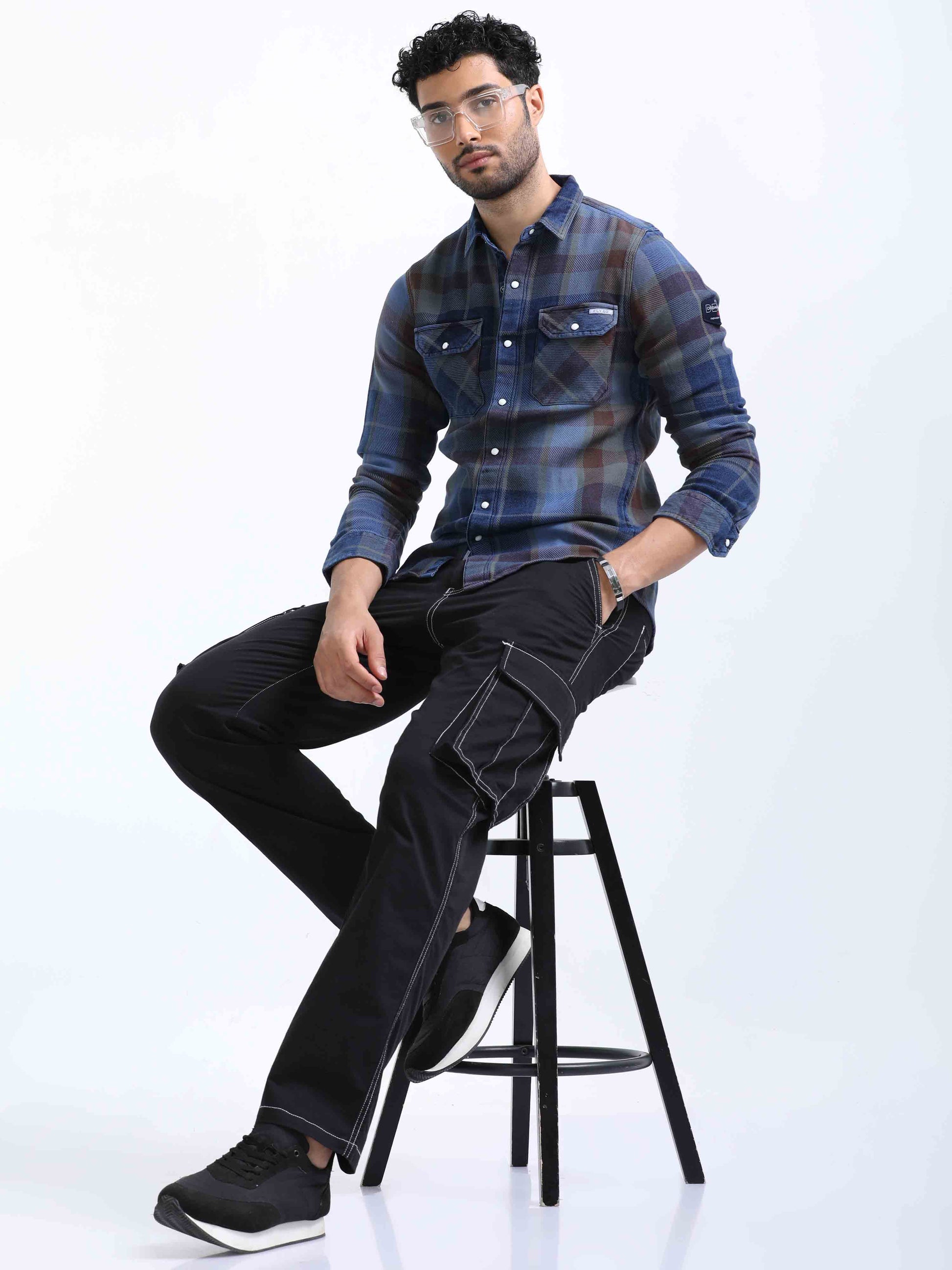 Indigo and Red Checked Denim Shirt