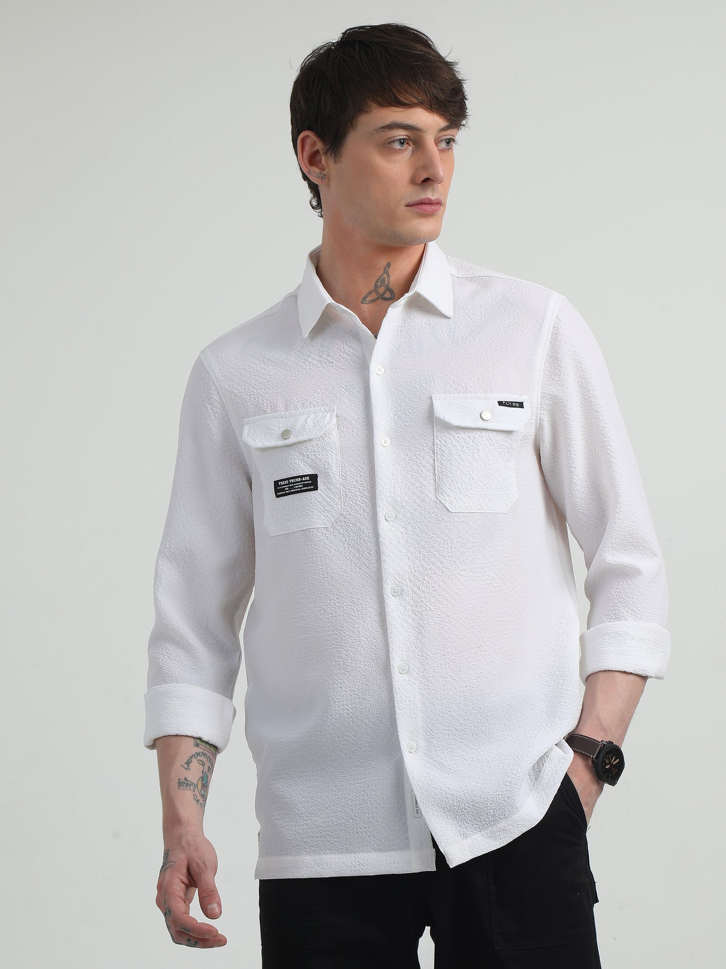 Cotton Blend Double Pocket Full Sleeve White Shirt