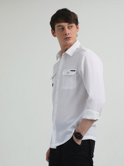 Cotton Blend Double Pocket Full Sleeve White Shirt