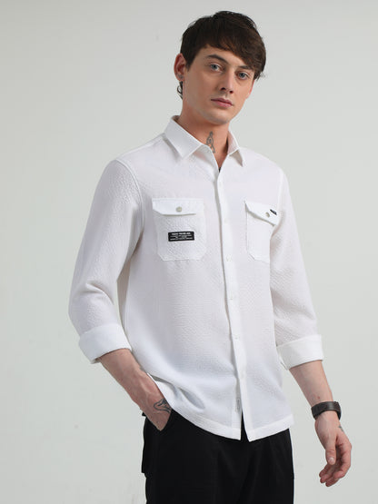 Cotton Blend Double Pocket Full Sleeve White Shirt