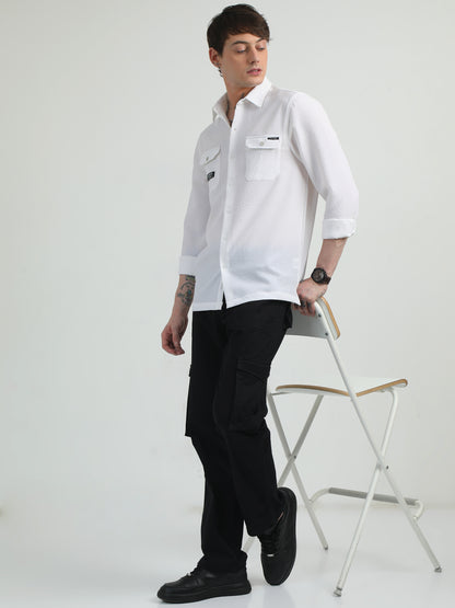 Cotton Blend Double Pocket Full Sleeve White Shirt