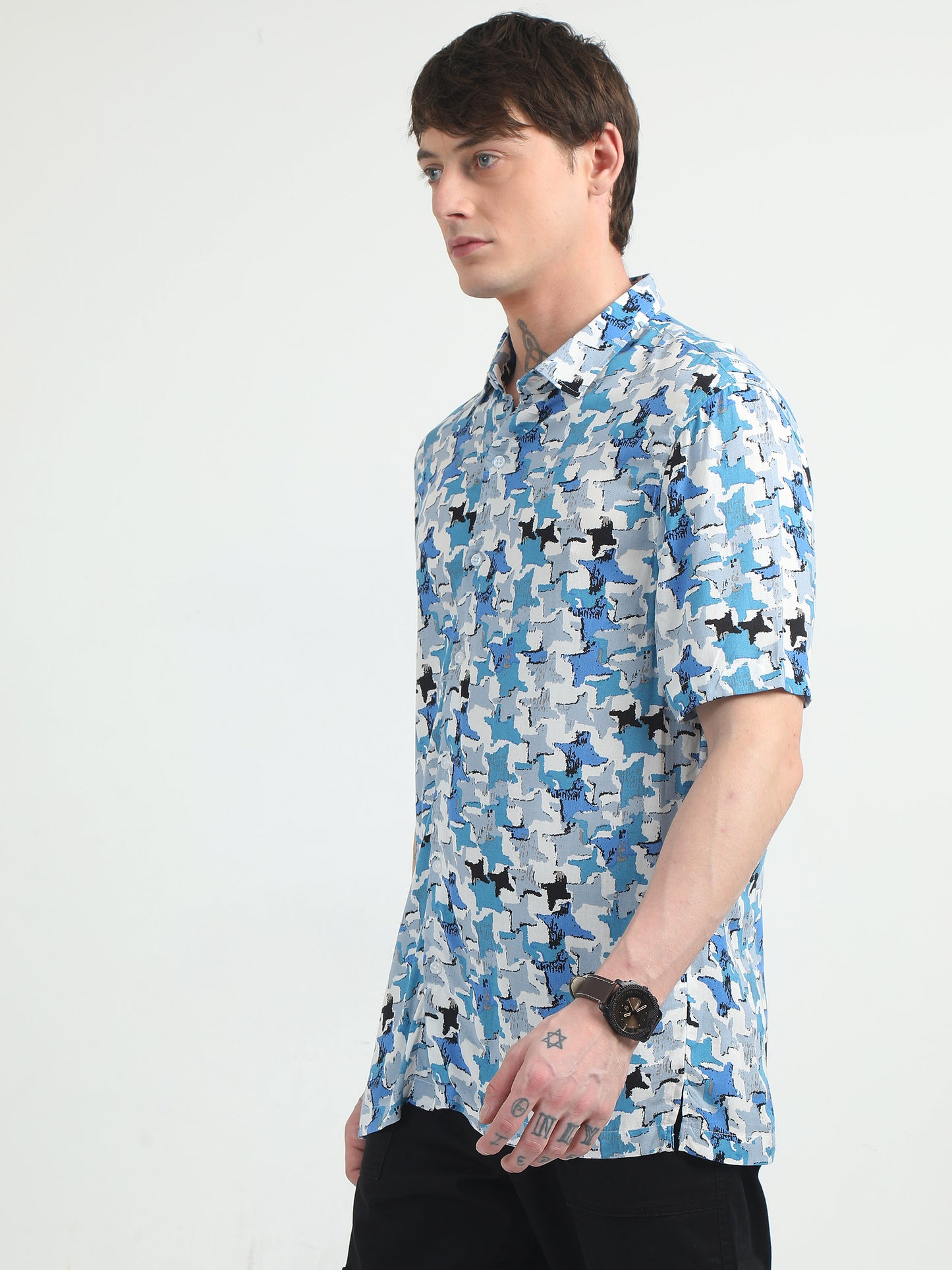 Skyblue Star Design Printed Shirt