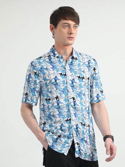 Skyblue Star Design Printed Shirt