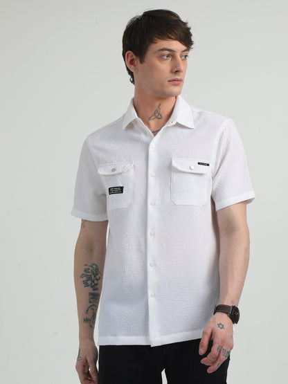 Cotton Blend Double Pocket Half Sleeve White Shirt