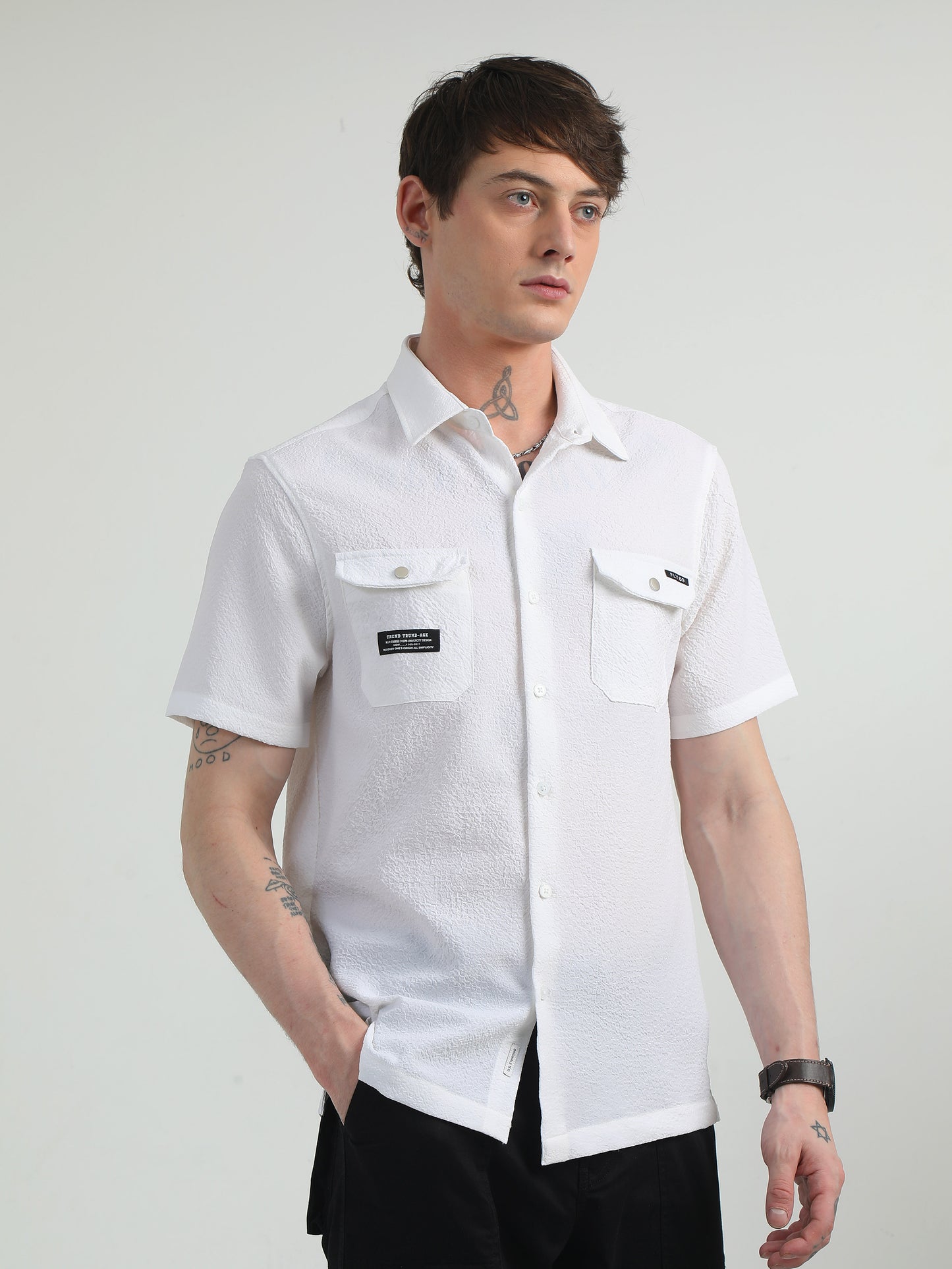 Cotton Blend Double Pocket Half Sleeve White Shirt