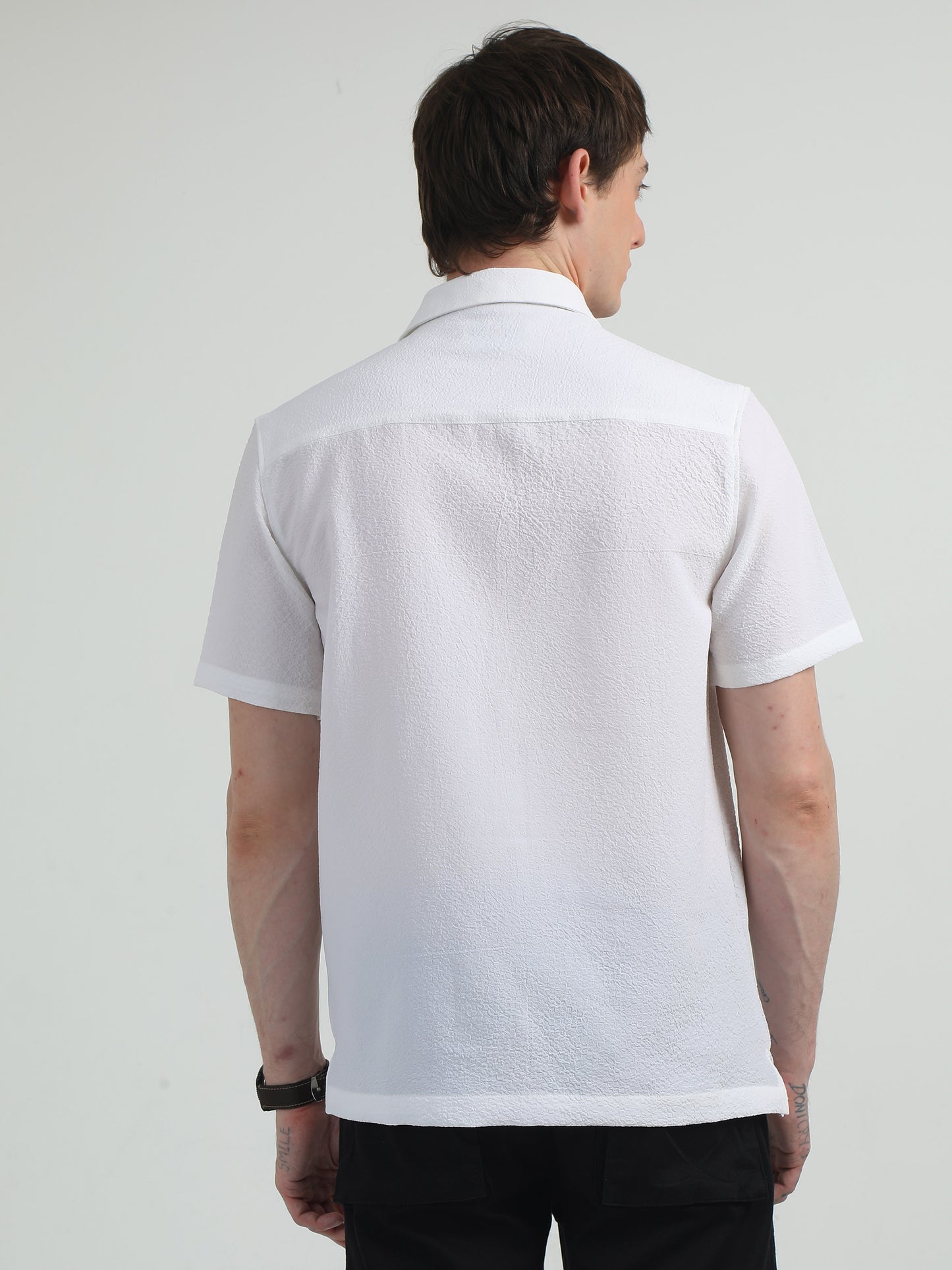 Cotton Blend Double Pocket Half Sleeve White Shirt