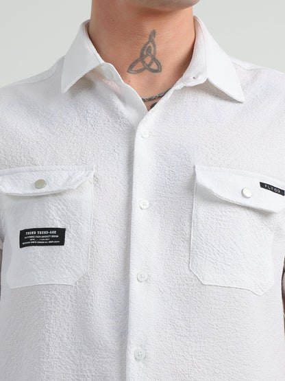 Cotton Blend Double Pocket Half Sleeve White Shirt