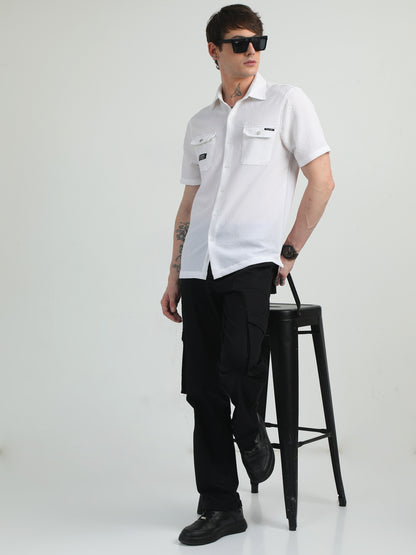 Cotton Blend Double Pocket Half Sleeve White Shirt