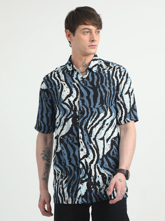 Animal Print Blue Half Sleeve Shirt