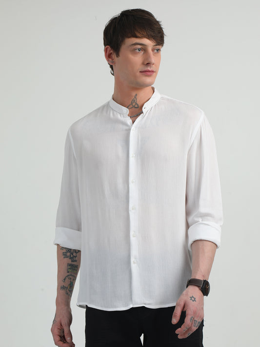 Chinese Neck White Cotton Blend Full Sleeve Shirt