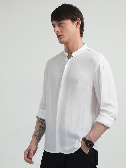 Chinese Neck White Cotton Blend Full Sleeve Shirt