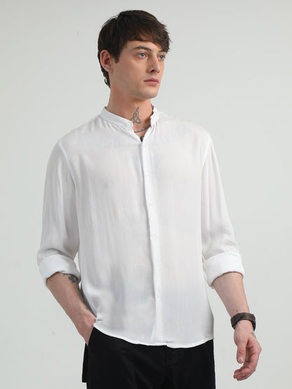 Chinese Neck White Cotton Blend Full Sleeve Shirt