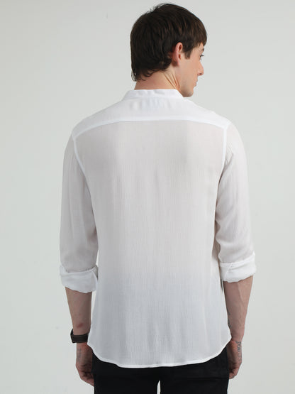 Chinese Neck White Cotton Blend Full Sleeve Shirt