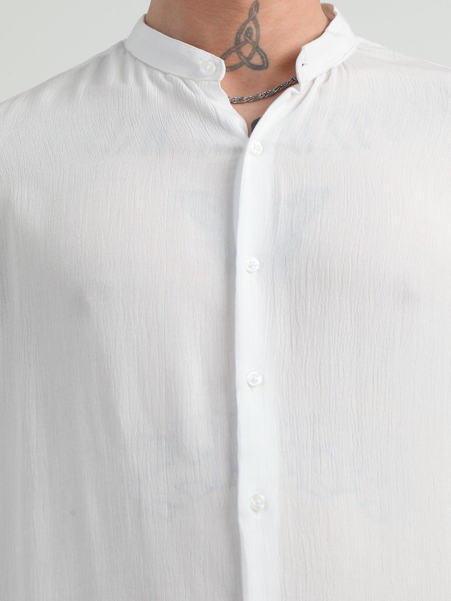 Chinese Neck White Cotton Blend Full Sleeve Shirt