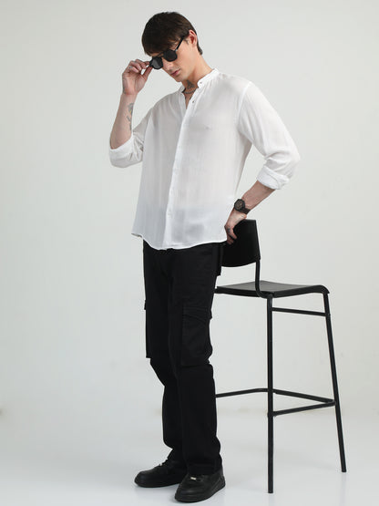 Chinese Neck White Cotton Blend Full Sleeve Shirt