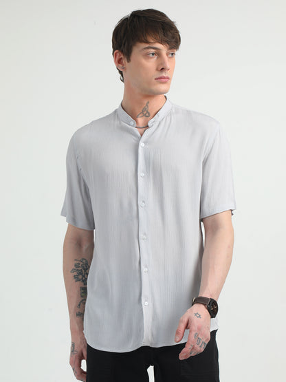 Chinese Neck Light Grey Cotton Blend Half Sleeve Shirt