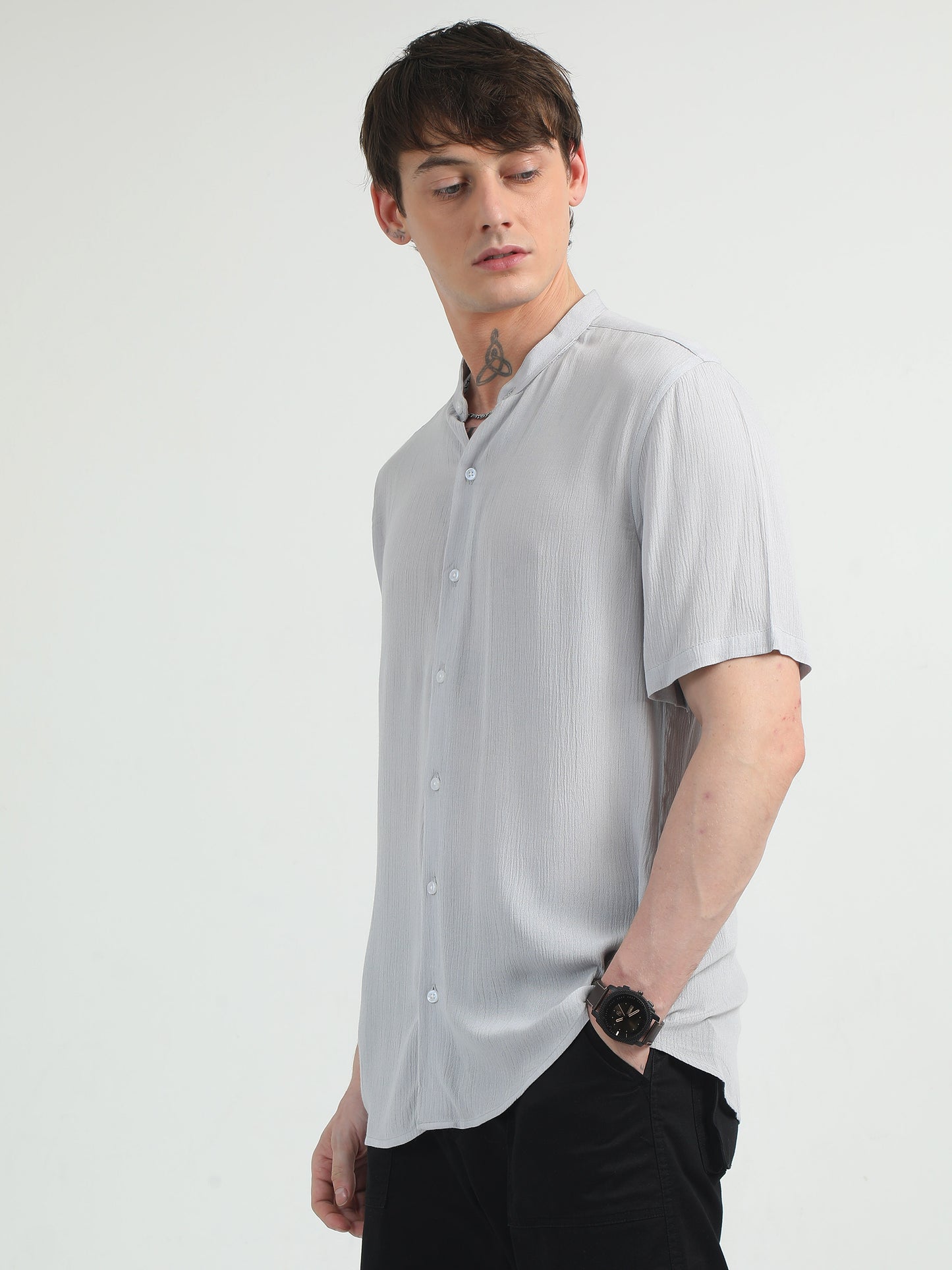 Chinese Neck Light Grey Cotton Blend Half Sleeve Shirt