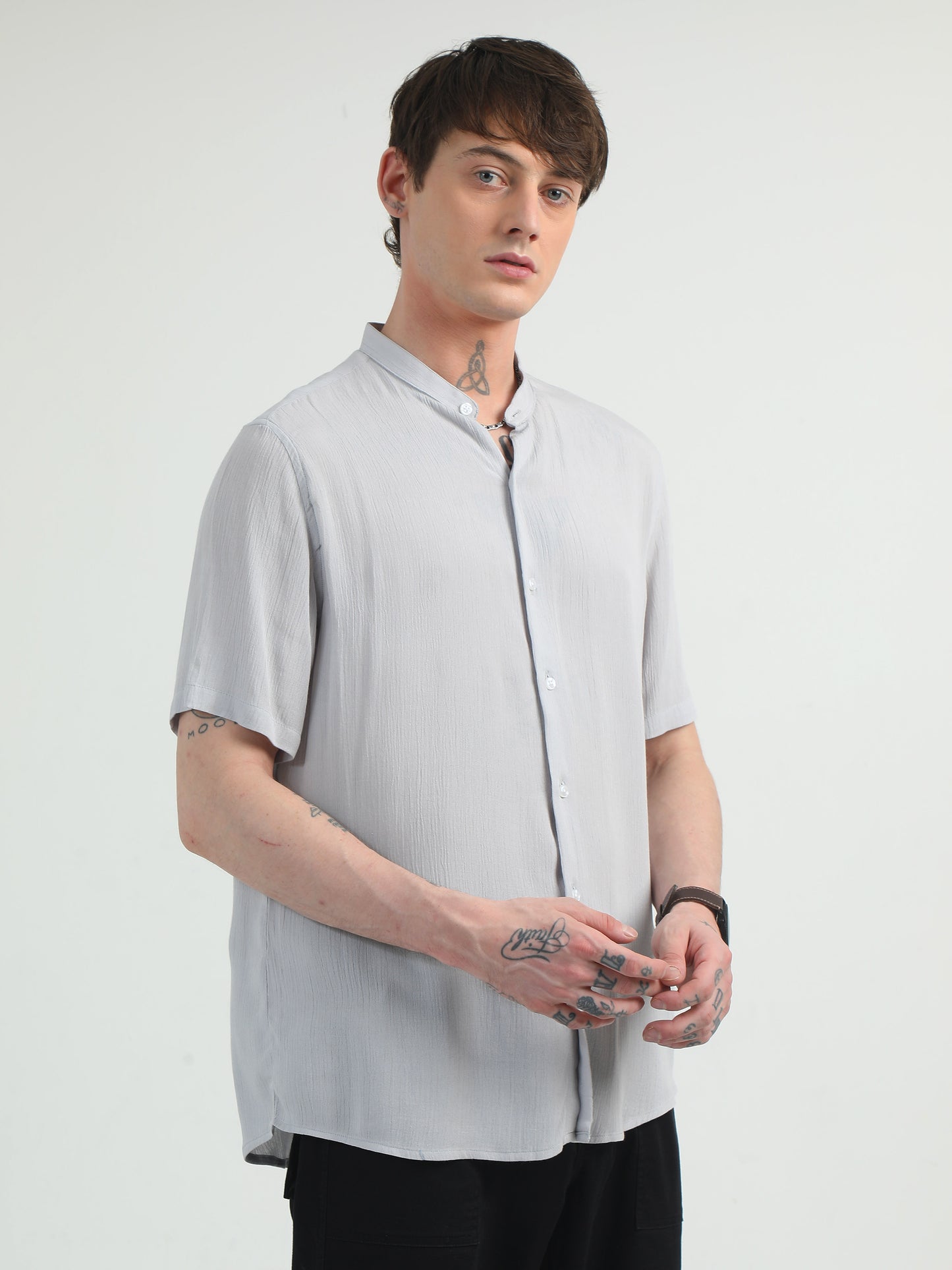 Chinese Neck Light Grey Cotton Blend Half Sleeve Shirt