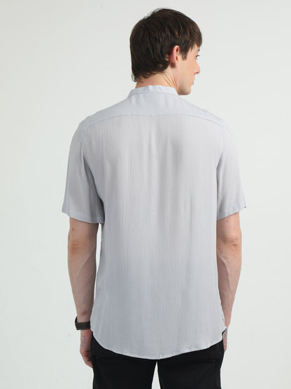 Chinese Neck Light Grey Cotton Blend Half Sleeve Shirt