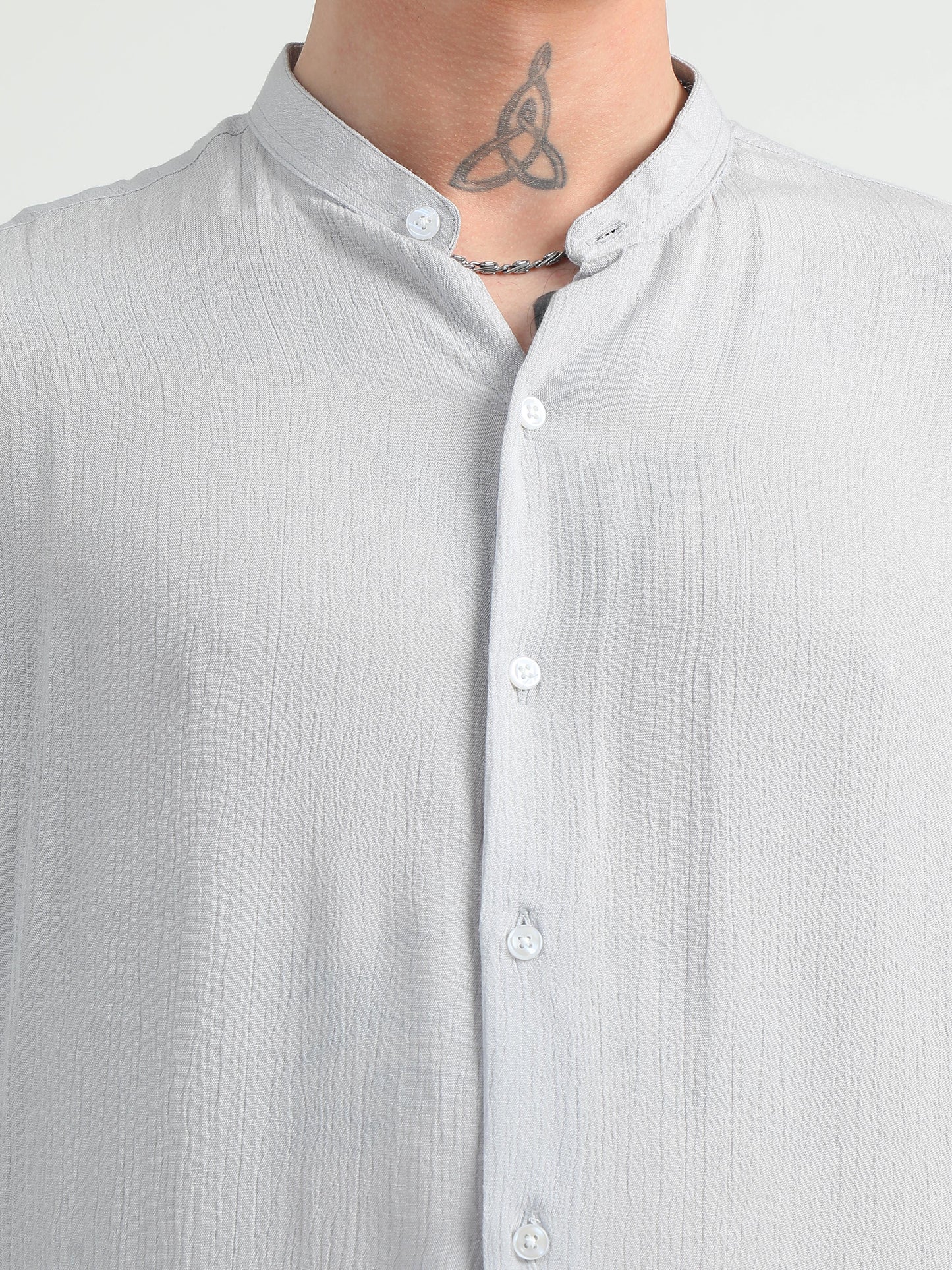 Chinese Neck Light Grey Cotton Blend Half Sleeve Shirt