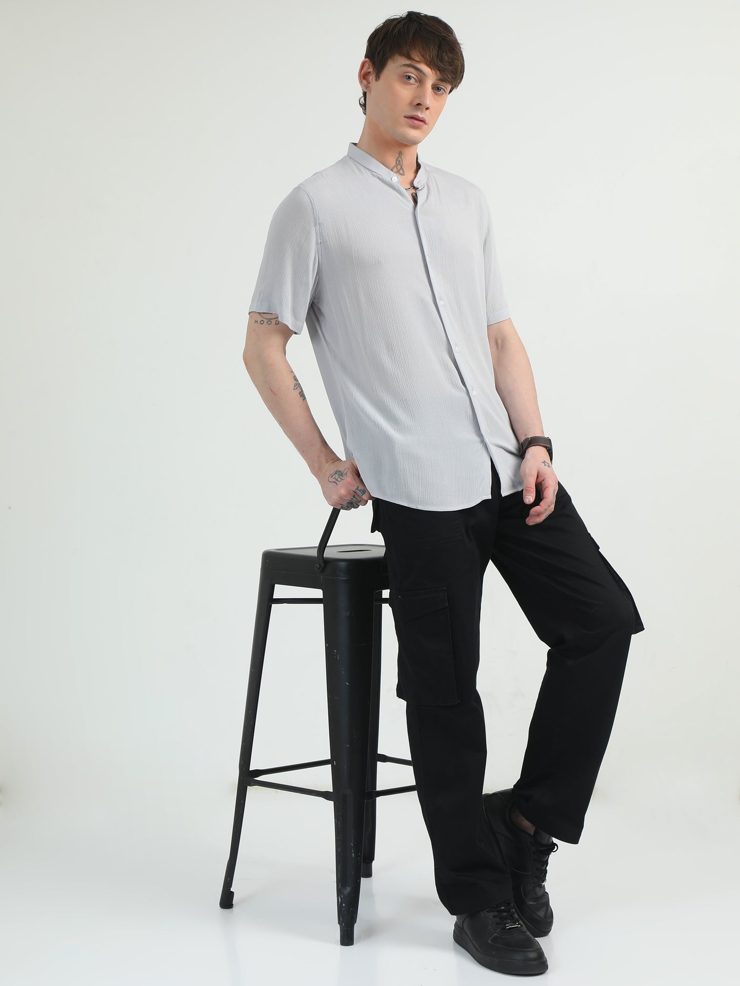 Chinese Neck Light Grey Cotton Blend Half Sleeve Shirt