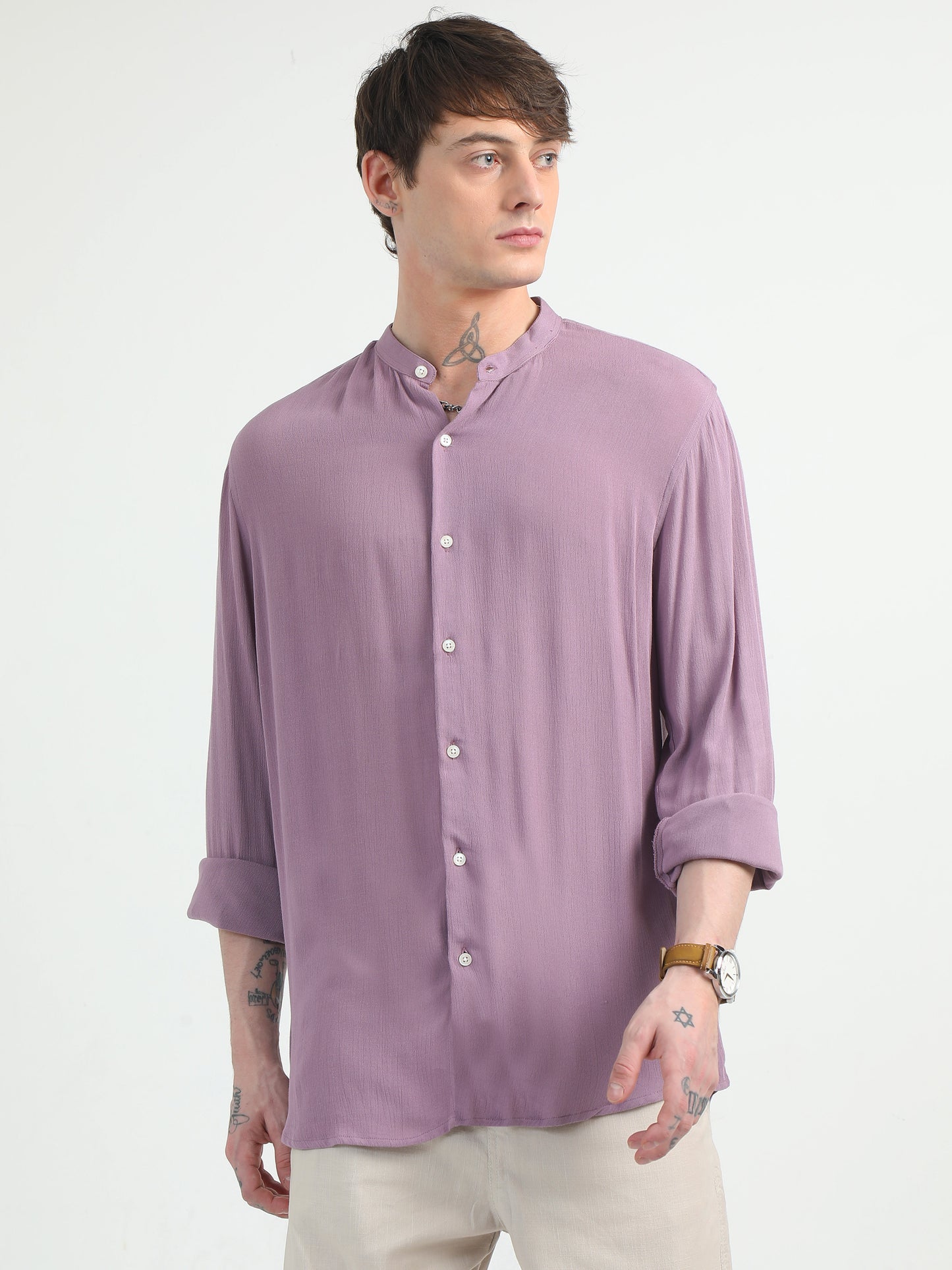 Chinese Neck Lilac Cotton Blend Full Sleeve Shirt