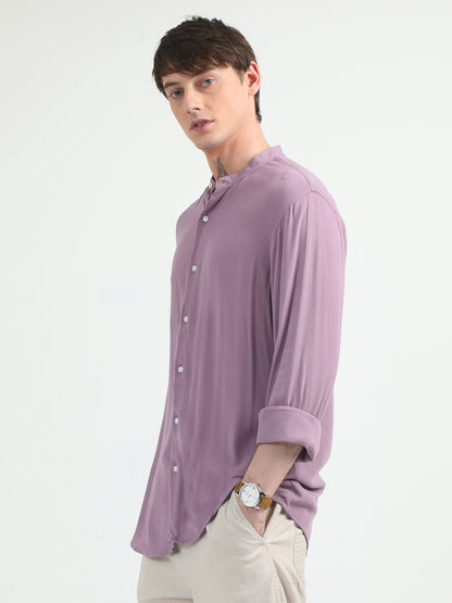 Chinese Neck Lilac Cotton Blend Full Sleeve Shirt