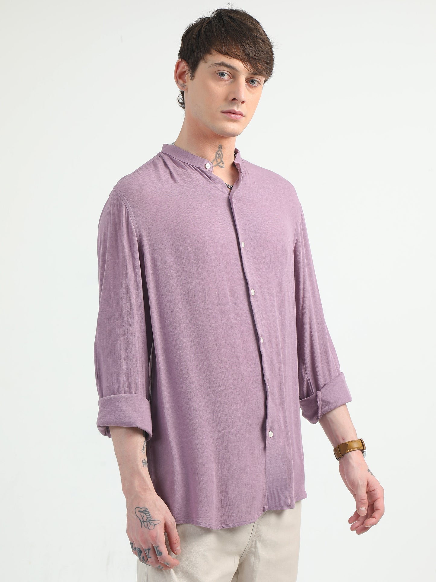 Chinese Neck Lilac Cotton Blend Full Sleeve Shirt