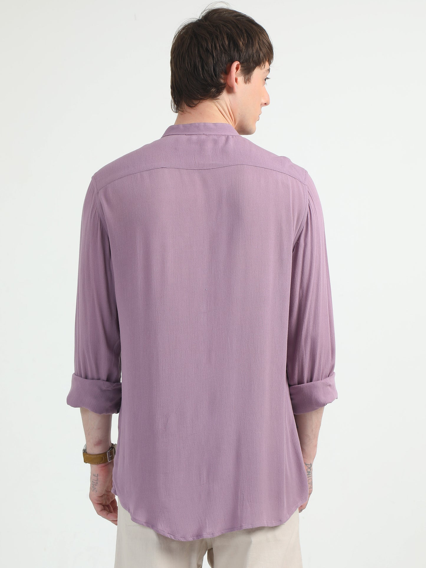 Chinese Neck Lilac Cotton Blend Full Sleeve Shirt