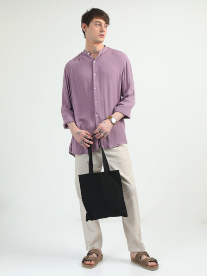 Chinese Neck Lilac Cotton Blend Full Sleeve Shirt