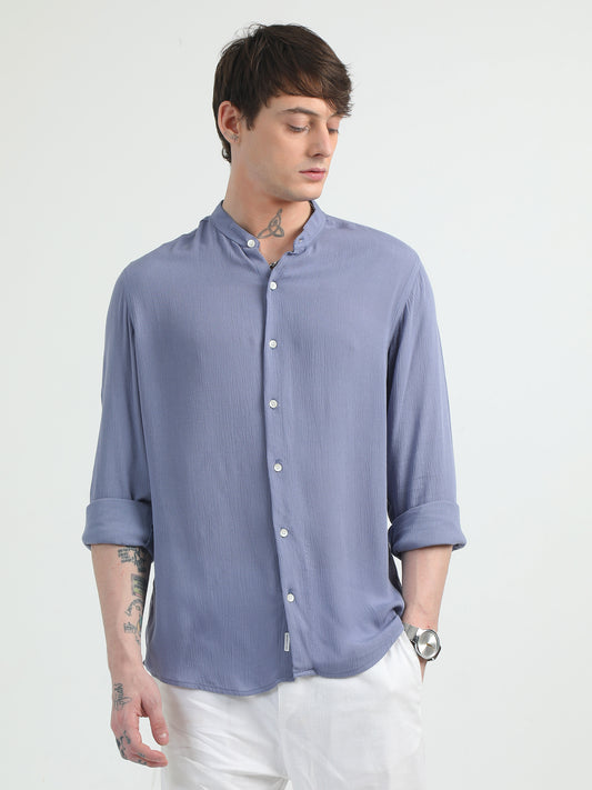 Chinese Neck Bluish Cotton Blend Full Sleeve Shirt