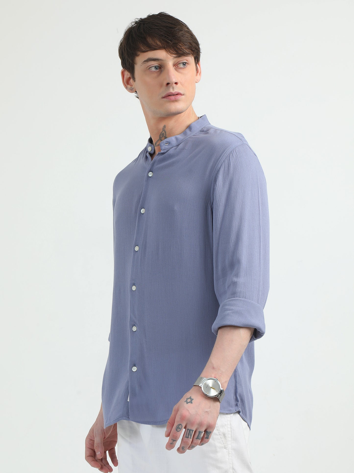 Chinese Neck Bluish Cotton Blend Full Sleeve Shirt