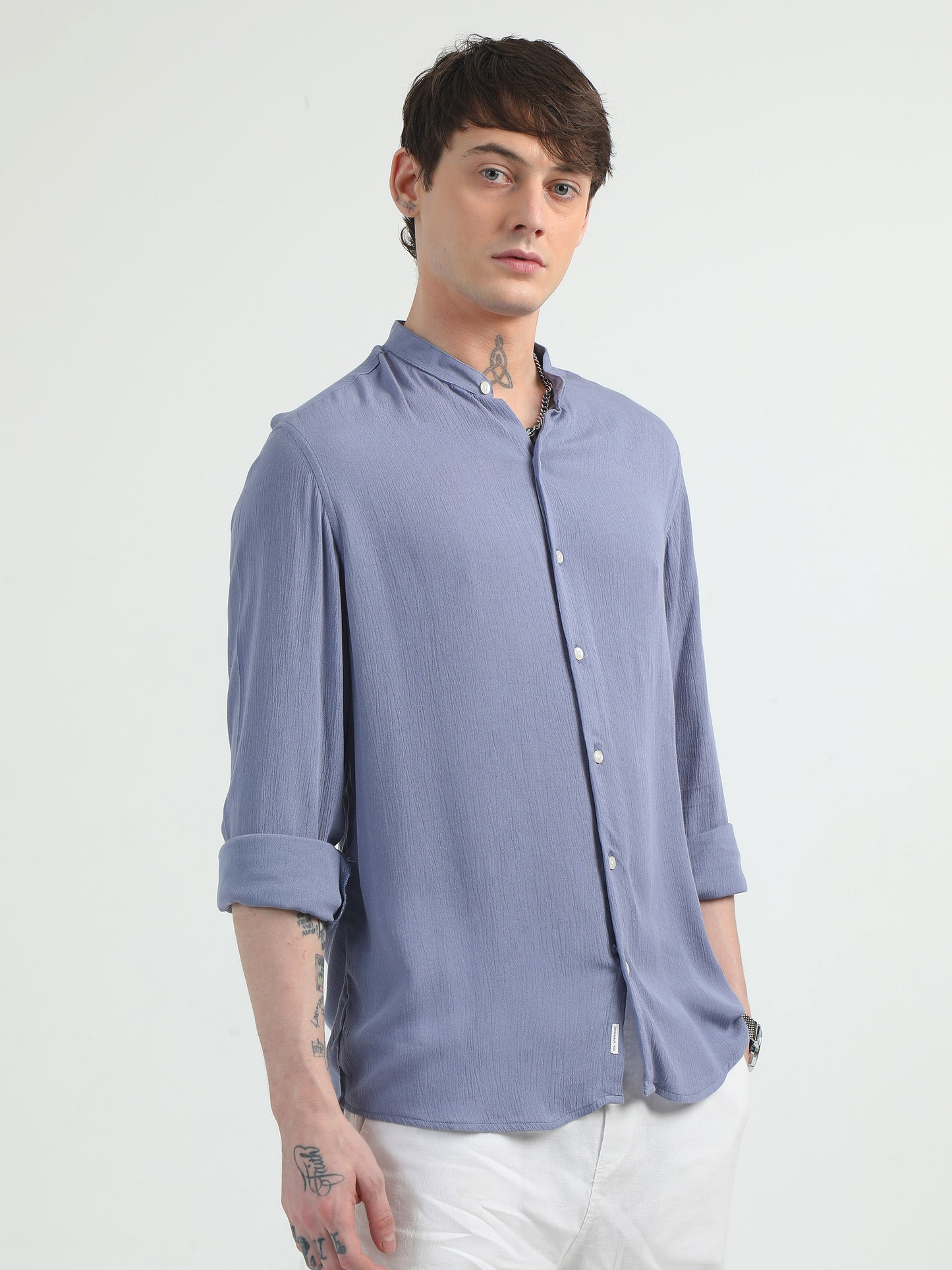 Chinese Neck Bluish Cotton Blend Full Sleeve Shirt