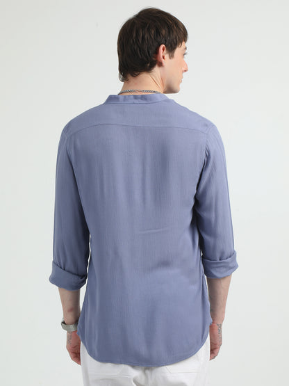 Chinese Neck Bluish Cotton Blend Full Sleeve Shirt