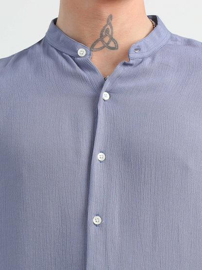 Chinese Neck Bluish Cotton Blend Full Sleeve Shirt