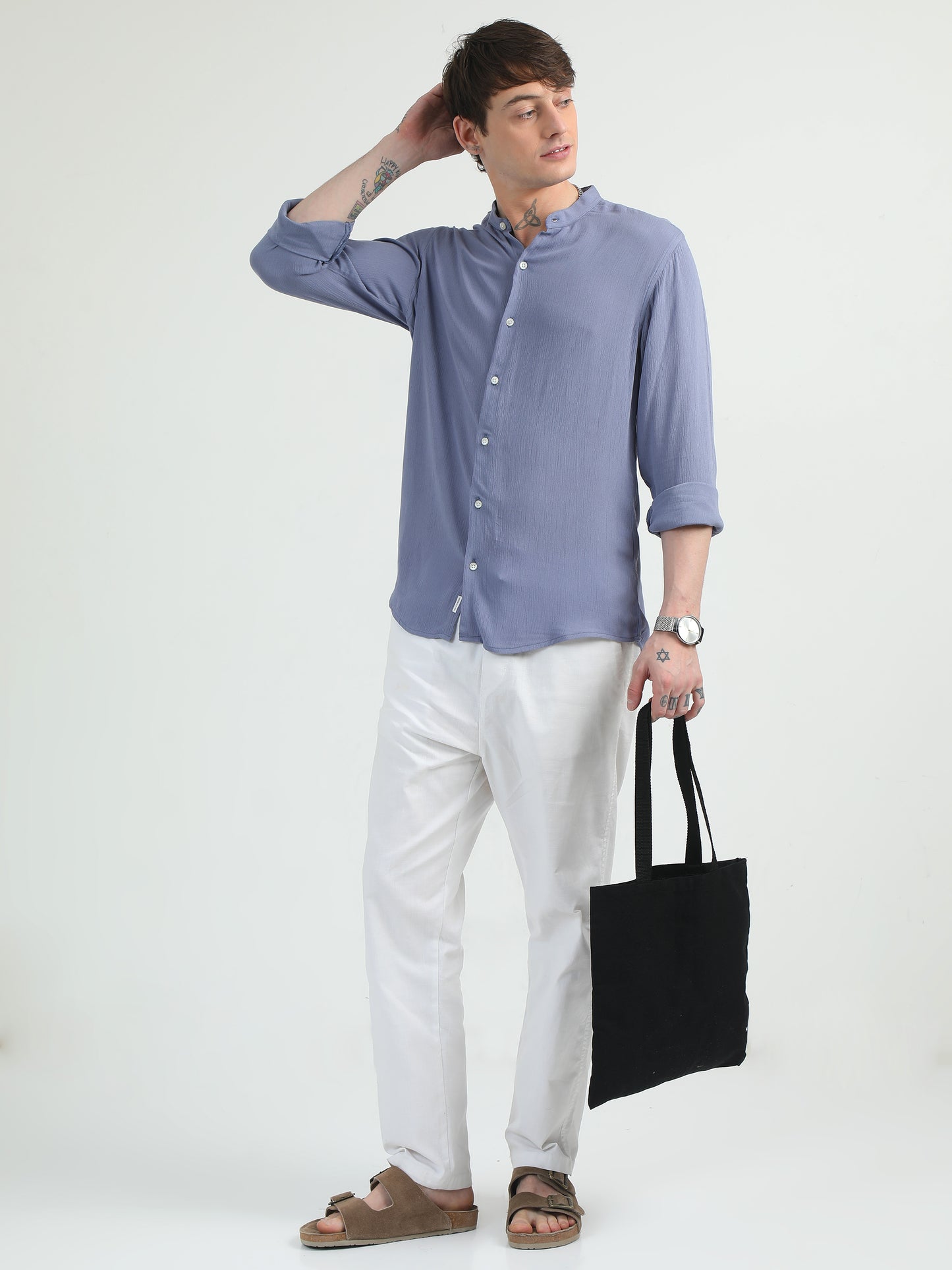 Chinese Neck Bluish Cotton Blend Full Sleeve Shirt