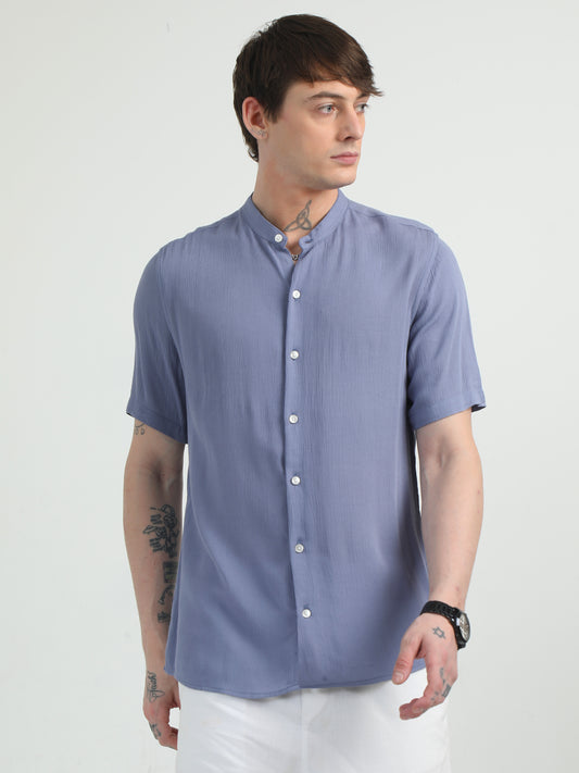 Chinese Neck Bluish Cotton Blend Half Sleeve Shirt