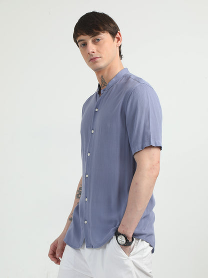 Chinese Neck Bluish Cotton Blend Half Sleeve Shirt