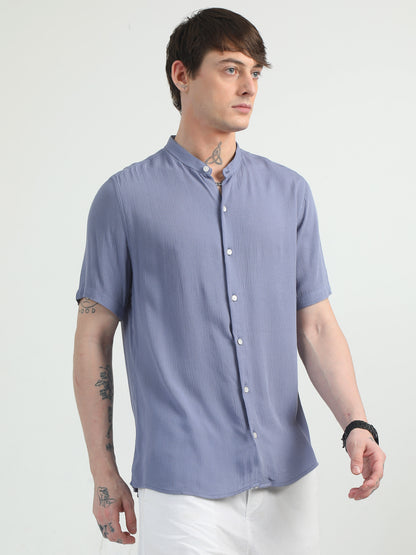 Chinese Neck Bluish Cotton Blend Half Sleeve Shirt