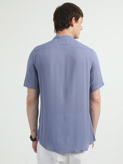 Chinese Neck Bluish Cotton Blend Half Sleeve Shirt