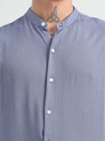 Chinese Neck Bluish Cotton Blend Half Sleeve Shirt