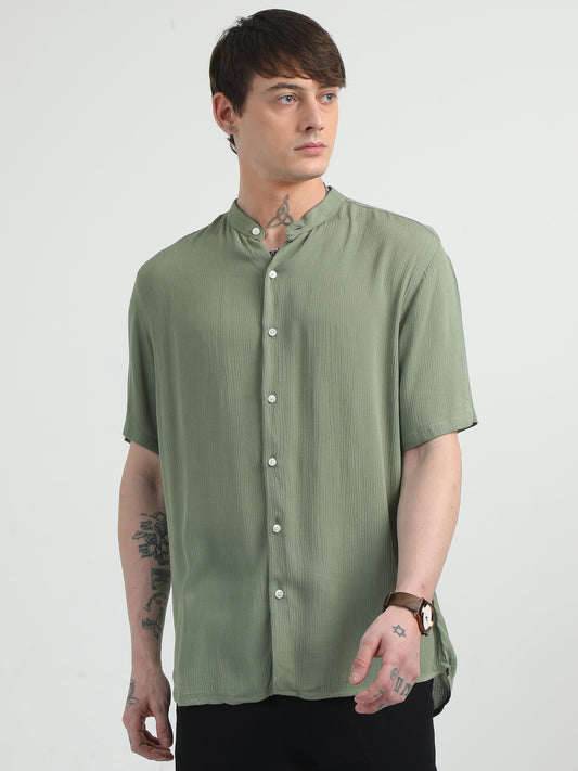 Chinese Neck Olive Cotton Blend Half Sleeve Shirt