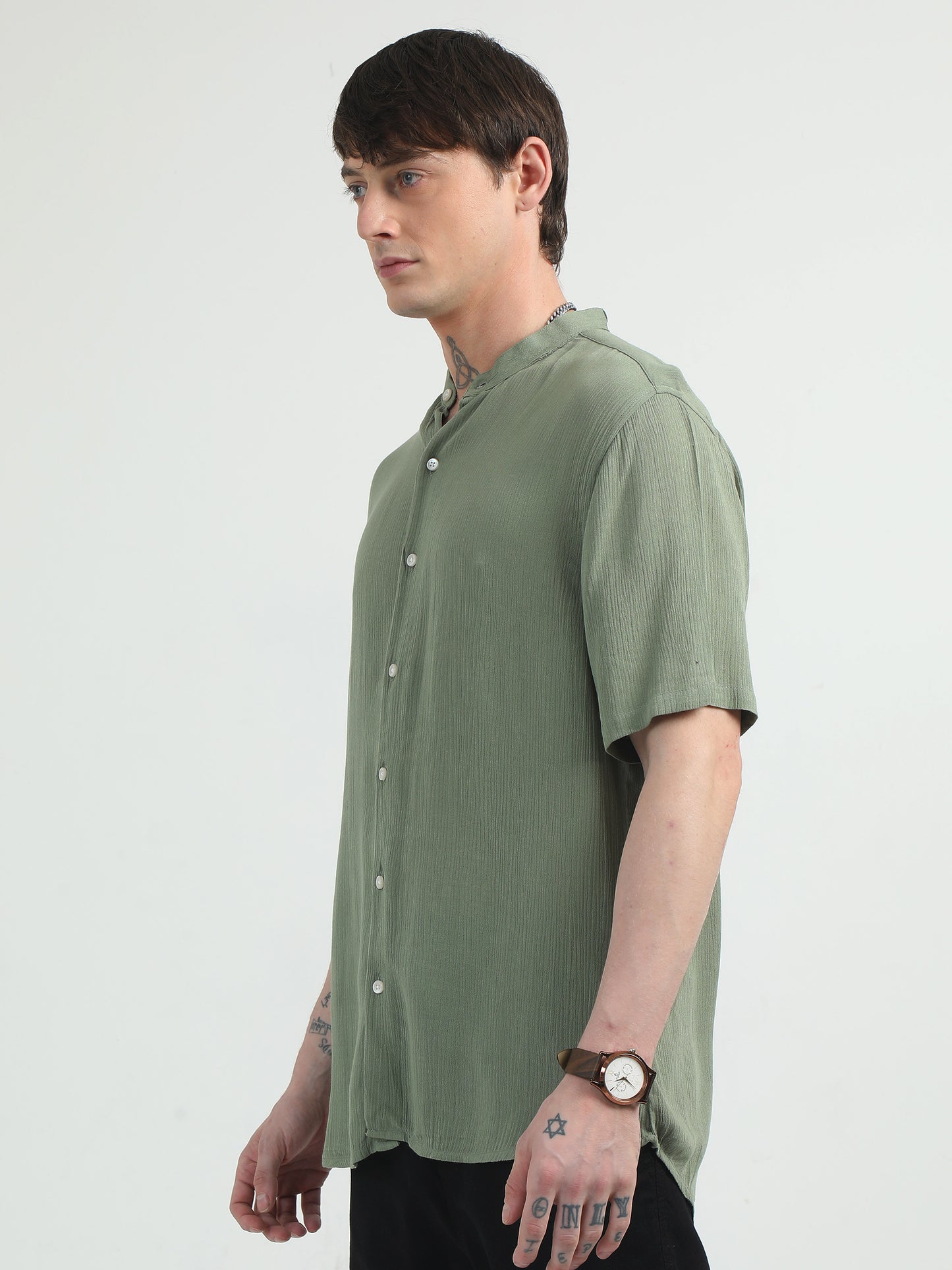 Chinese Neck Olive Cotton Blend Half Sleeve Shirt