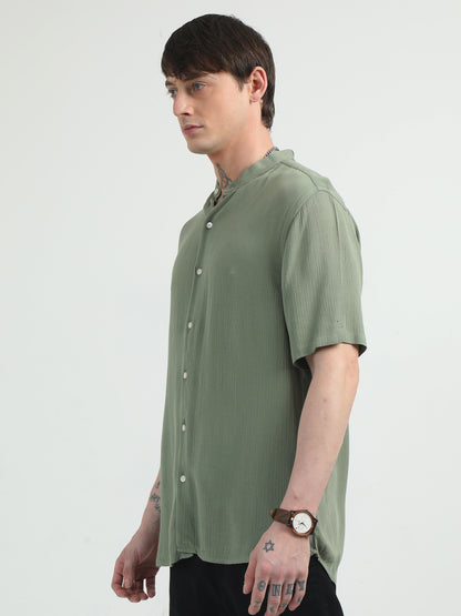 Chinese Neck Olive Cotton Blend Half Sleeve Shirt