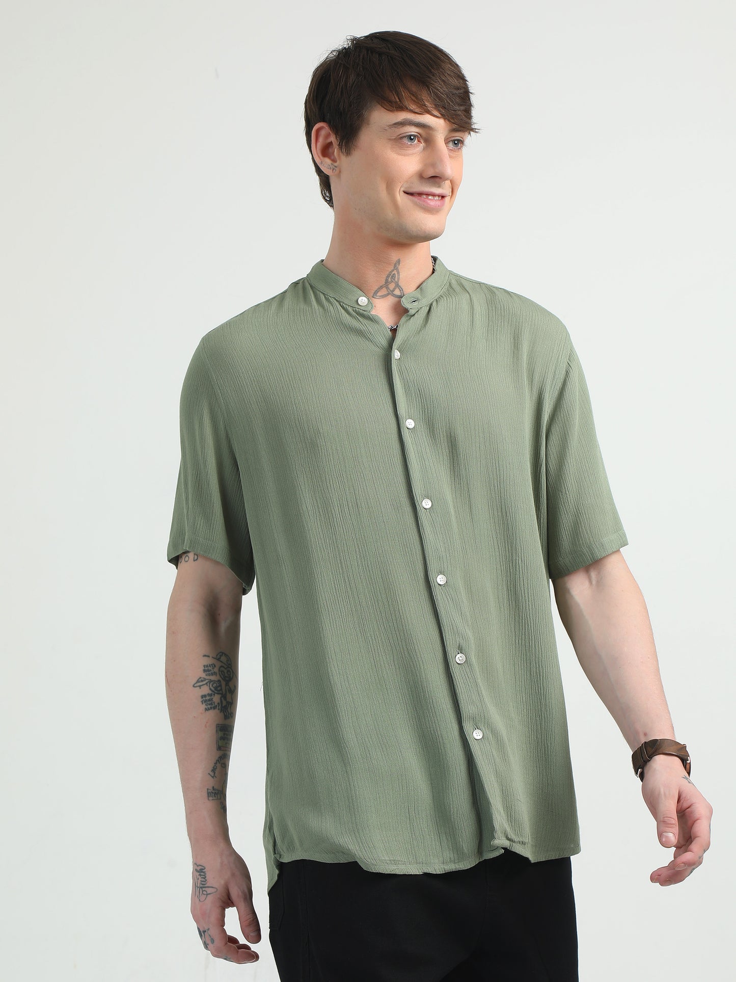 Chinese Neck Olive Cotton Blend Half Sleeve Shirt