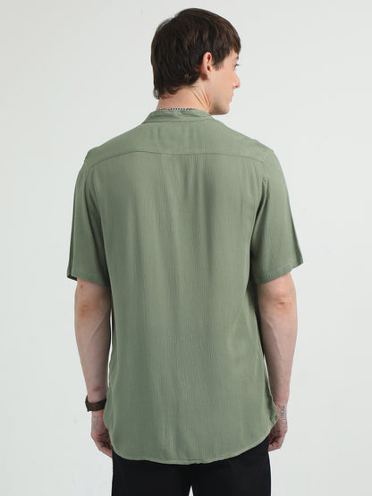 Chinese Neck Olive Cotton Blend Half Sleeve Shirt