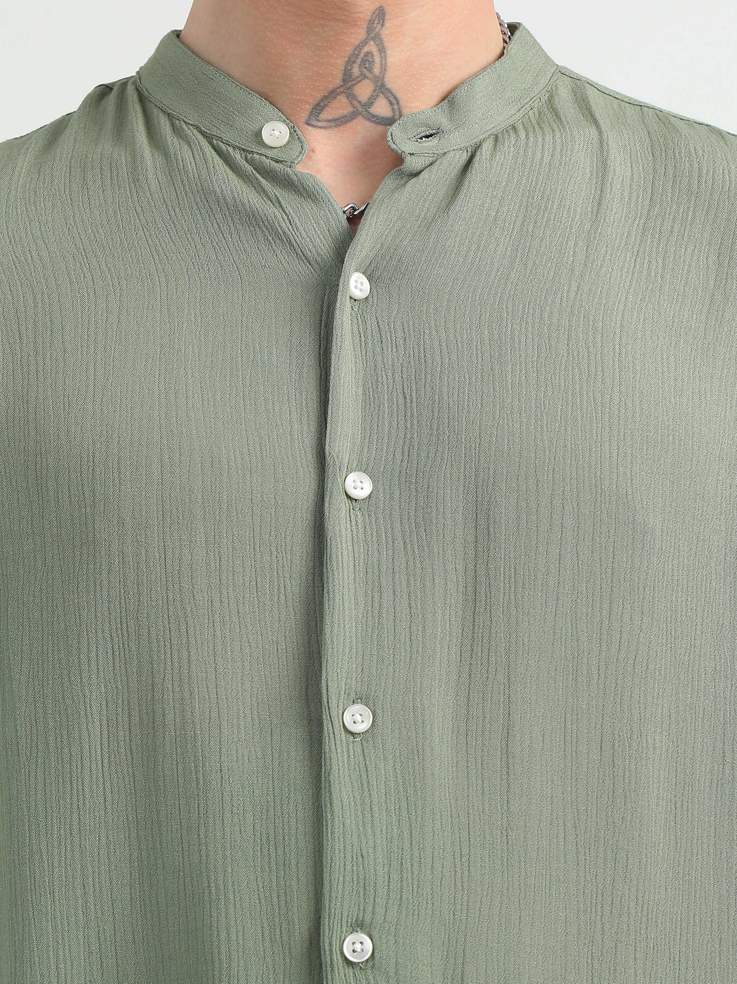 Chinese Neck Olive Cotton Blend Half Sleeve Shirt