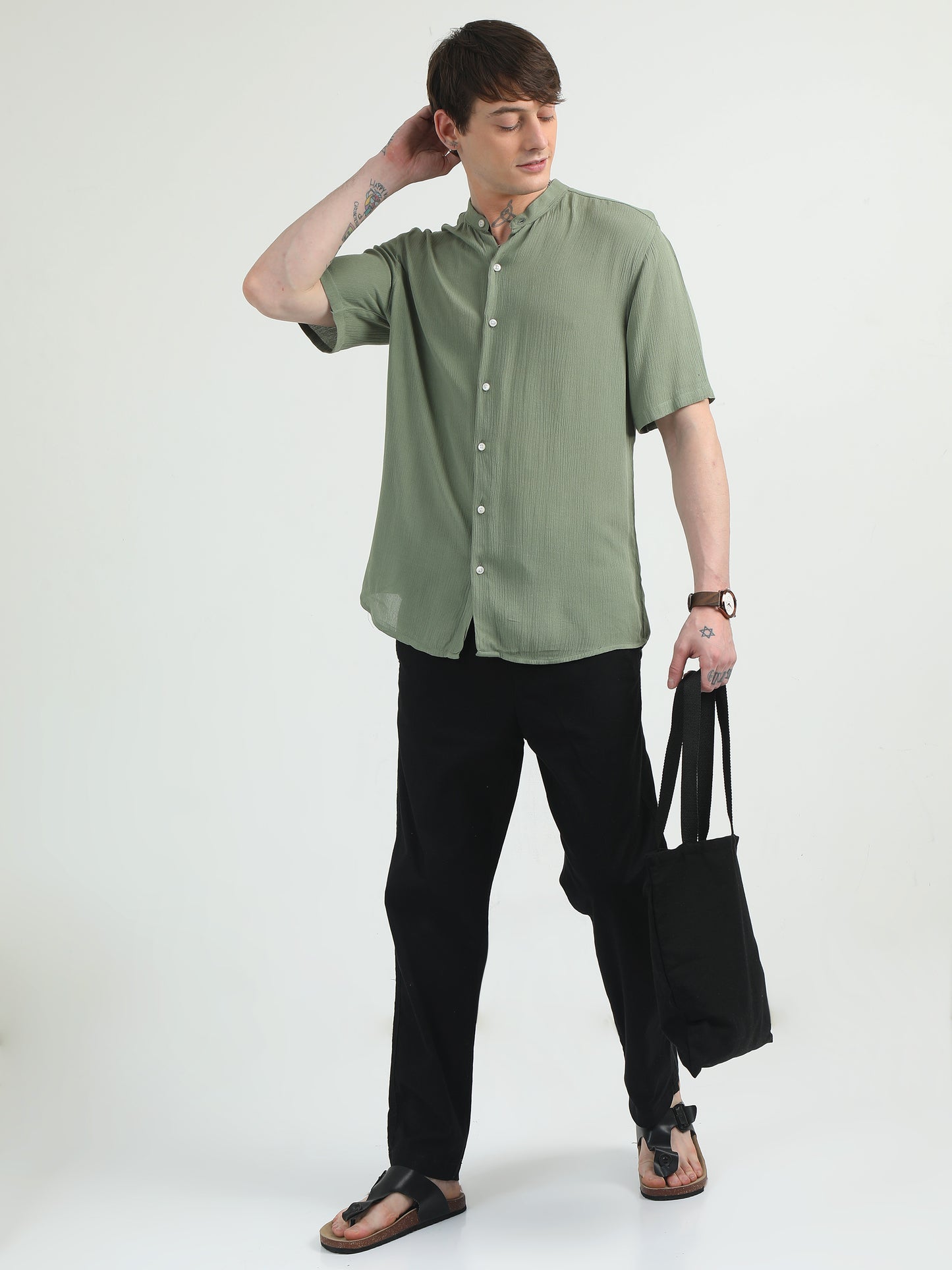 Chinese Neck Olive Cotton Blend Half Sleeve Shirt