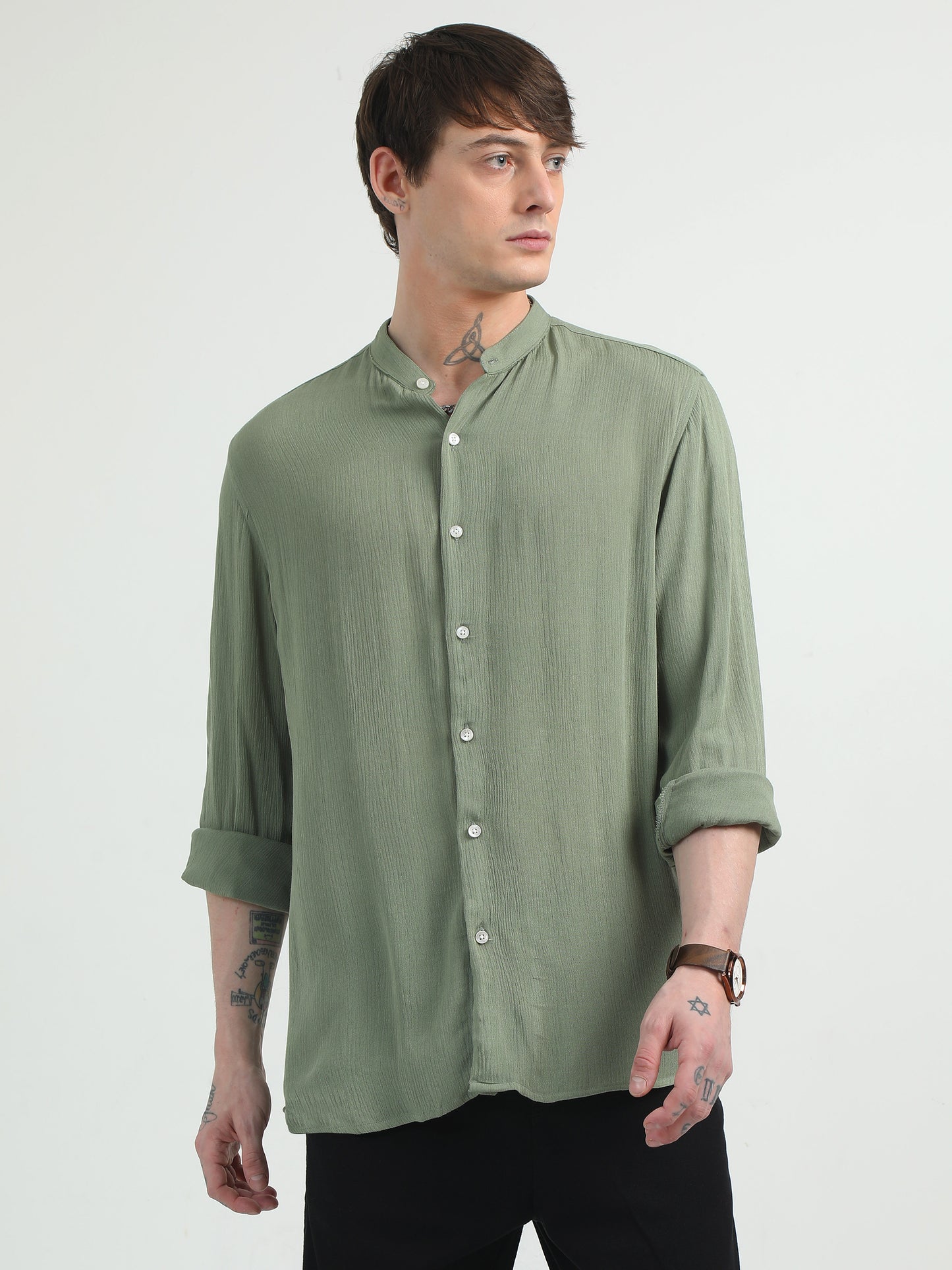 Chinese Neck Olive Cotton Blend Full Sleeve Shirt