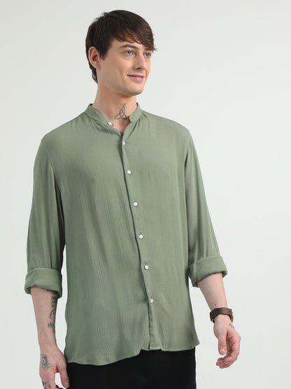 Chinese Neck Olive Cotton Blend Full Sleeve Shirt